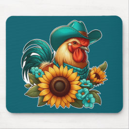 Mousepad Galo com Chapéu Teal e Girassóis