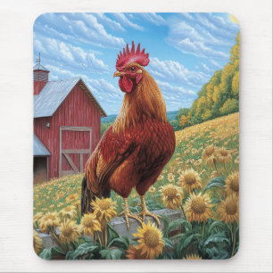 Mousepad Galo numa pintura de Fazenda de girassol