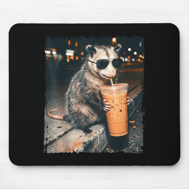 Mousepad Gambá bebendo café gelado meme engraçado de gambá  (Frente)