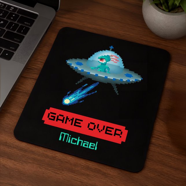 Mousepad 'Game Over' Alien Voando UFO Espaçonave, Pixel Art (Criador carregado)