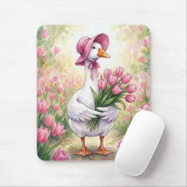 Mousepad Ganso Branco Com Tulipas Rosas