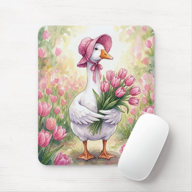 Mousepad Ganso Branco Com Tulipas Rosas (Com mouse)