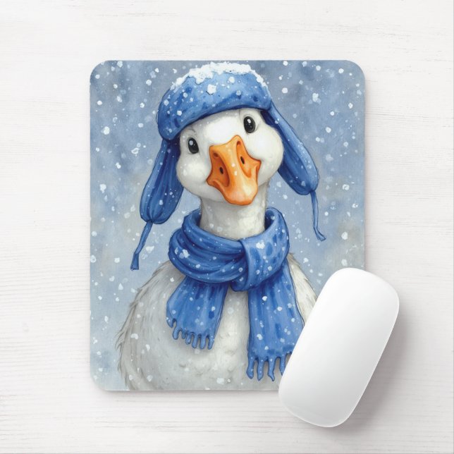Mousepad Ganso Branco de Inverno com Cachecol Azul (Com mouse)