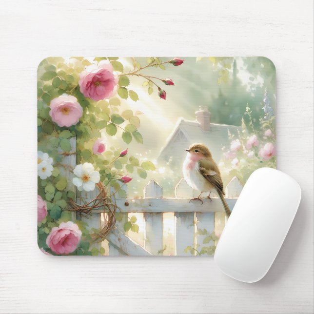 Mousepad Garden Rose Bird Watercolor Scene (Com mouse)