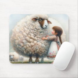 Mousepad Garota abraçando uma ovelha grande