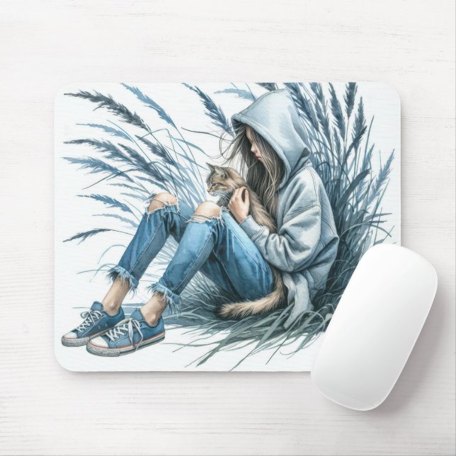 Mousepad Garota Adolescente Com Gato De Pet (Com mouse)