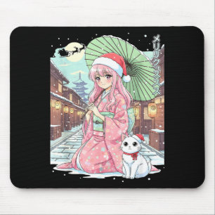 Mousepad Garota Anime Kimono Natal Japão Gato Xmas Japão A