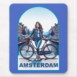 Mousepad Garota de Amsterdã com bicicleta na ponte