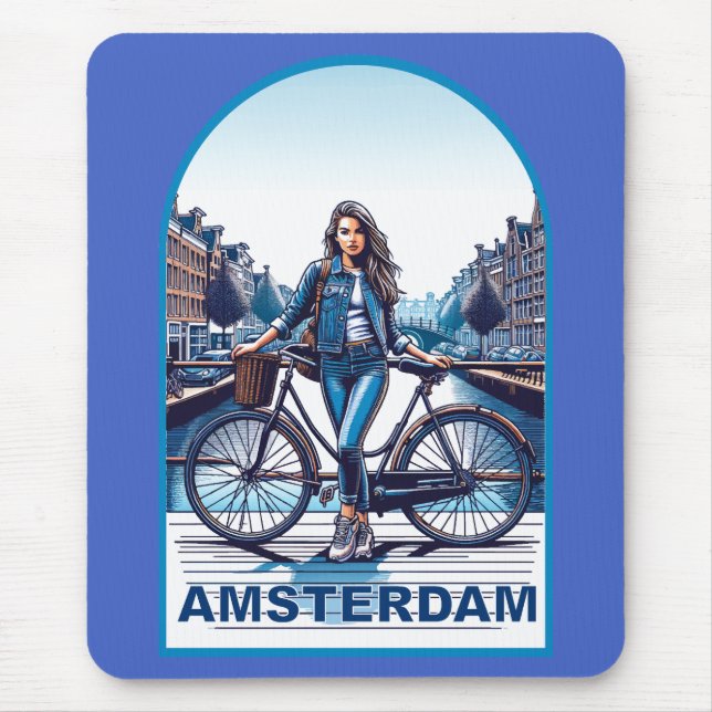 Mousepad Garota de Amsterdã com bicicleta na ponte (Frente)