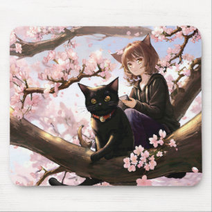 Mousepad Garota de Animo e Gato em Uma Árvore de Flor de Ce