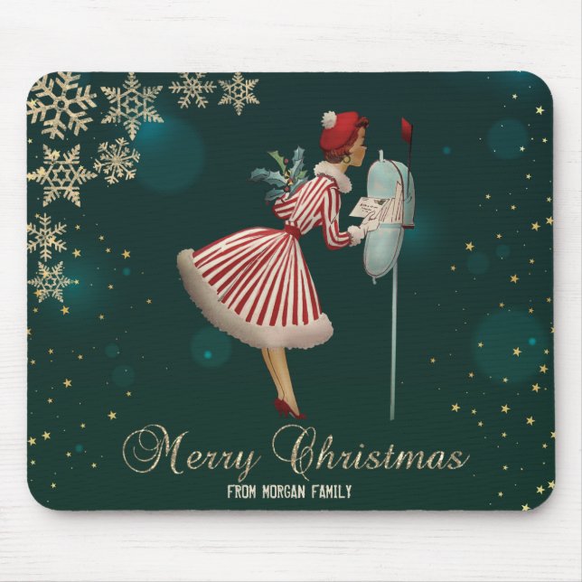 Mousepad Garota de Natal Vintage, Flocos de Neve (Frente)