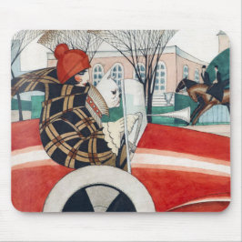 Mousepad Garota e Cachorro num Automóvel Vermelho