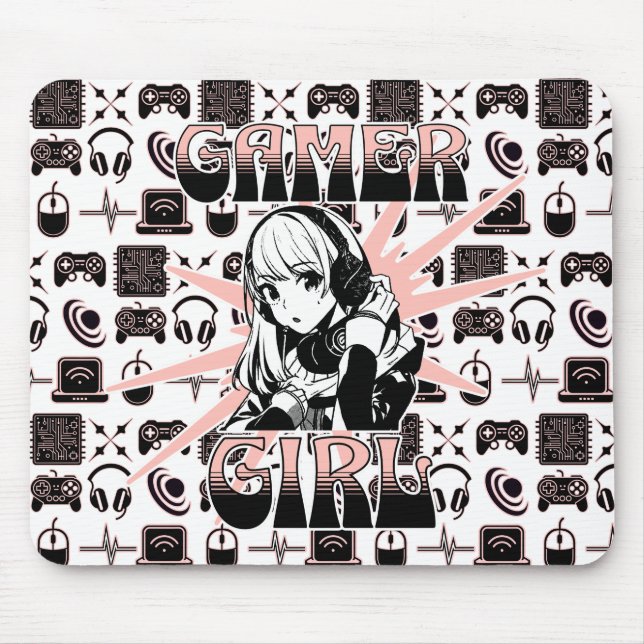 Mousepad Garota Gamer Rosa, Preta e Branca (Frente)