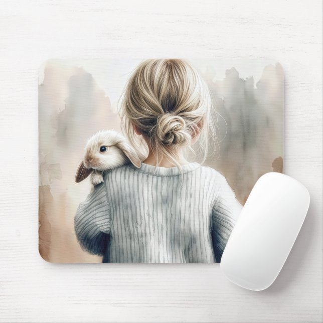 Mousepad Garota Jovem Aquarela Com Coelho Pet (Com mouse)