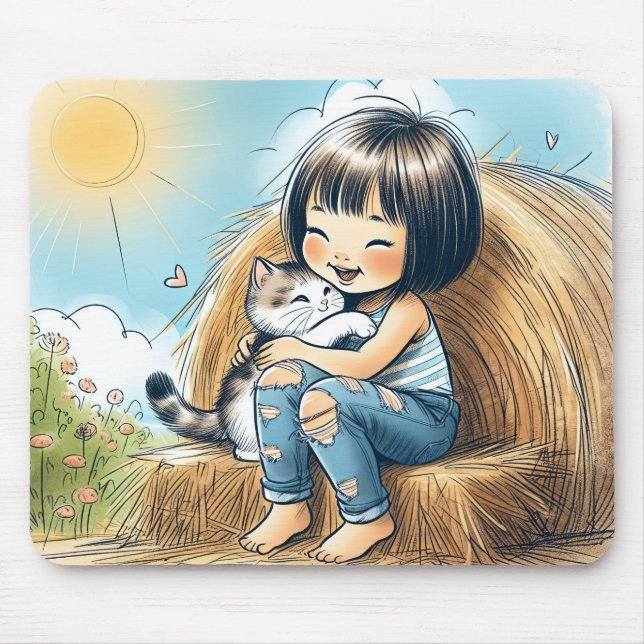 Mousepad Garota Pequena Com Gatinho De Pet (Frente)