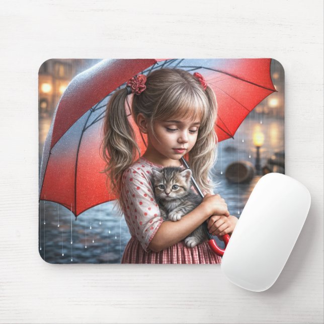 Mousepad Garota Pequena Com Gatinho Sob Guarda-Chuva (Com mouse)