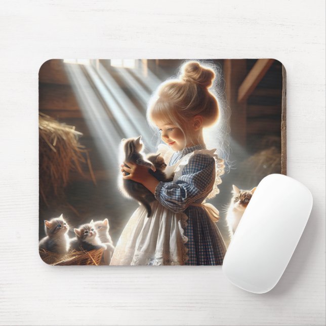 Mousepad Garota Pequena Com Gatinhos (Com mouse)