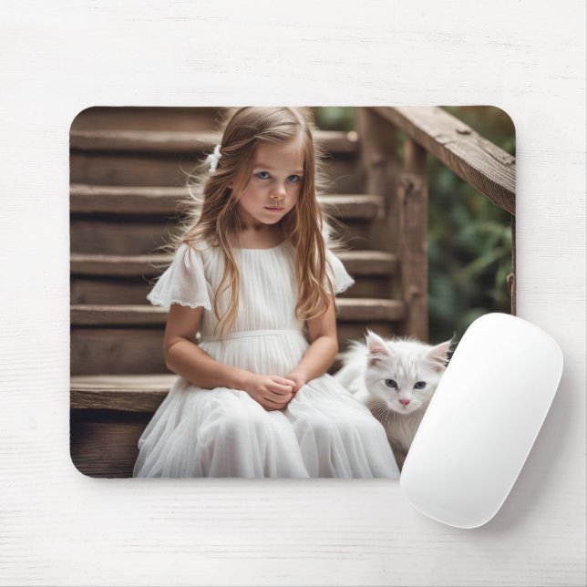 Mousepad Garota Pequena Com Gato Branco (Com mouse)