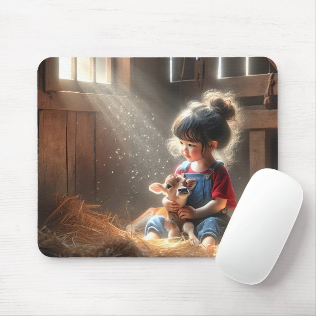 Mousepad Garota Pequena Com Vitelo Nos Bicos Do Sol (Com mouse)