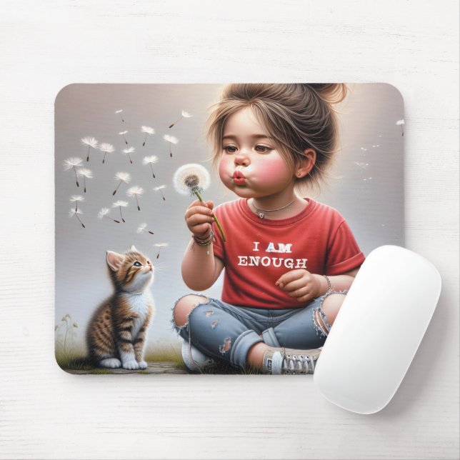 Mousepad Garota Pequena Soprando Dandelions Com Gatinha (Com mouse)