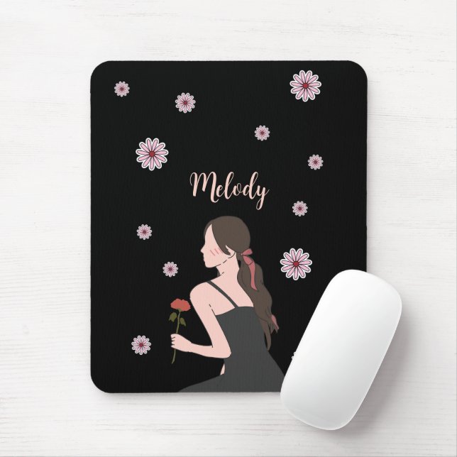 Mousepad Garota Rosa com flor rosa (Com mouse)