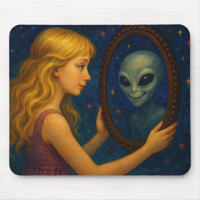 Mousepad Garota Surrealista Segurando Espelho com Reflexo A (Frente)
