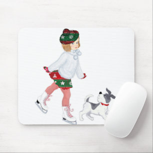 Mousepad Garotinha adorável patinando no gelo e no cachorro