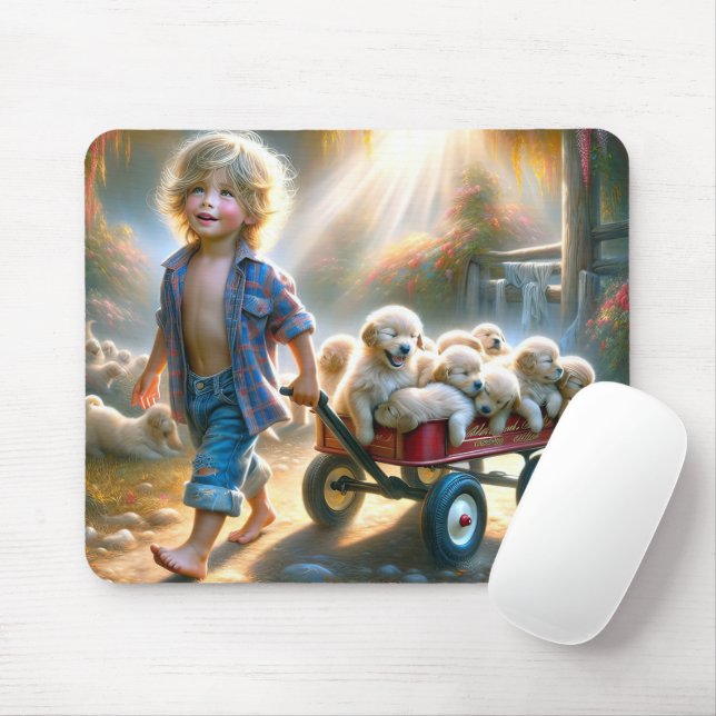Mousepad Garoto Com Vagão Vermelho E Ouro De Cuppies De Ret (Com mouse)