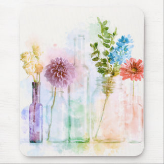 Mousepad Garrafa de Flor de Aquarela Pastel Vida Marinha Fl