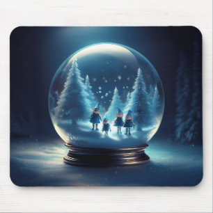 Mousepad Garrafa de Neve Com 4 Pequenos Elfos e Flocos de N