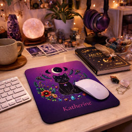 Mousepad Gata Preta Celestial Mística Roxo Rosa