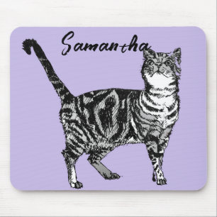 Mousepad Gata Tabby Preto e Branco Nome Roxo 