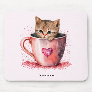 Mousepad Gatinho Bonito num Teacup com Corações