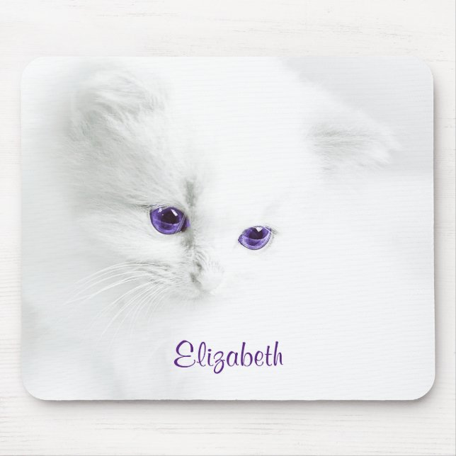 Mousepad Gatinho branco suave com olhos roxos personalizado (Frente)