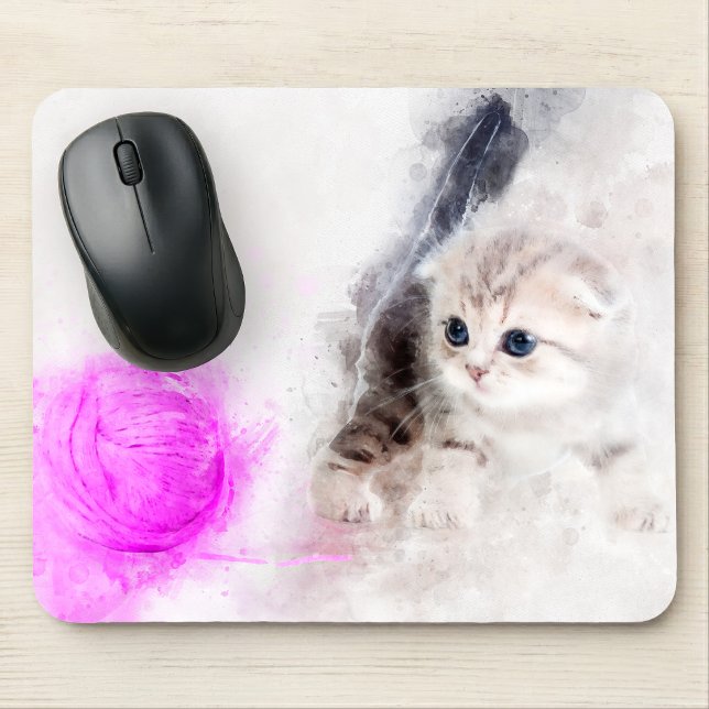 Mousepad Gatinho brincando com uma bola de fio rosa aquarel (Kitten playing with a pink yarn ball watercolor. mouse pad)