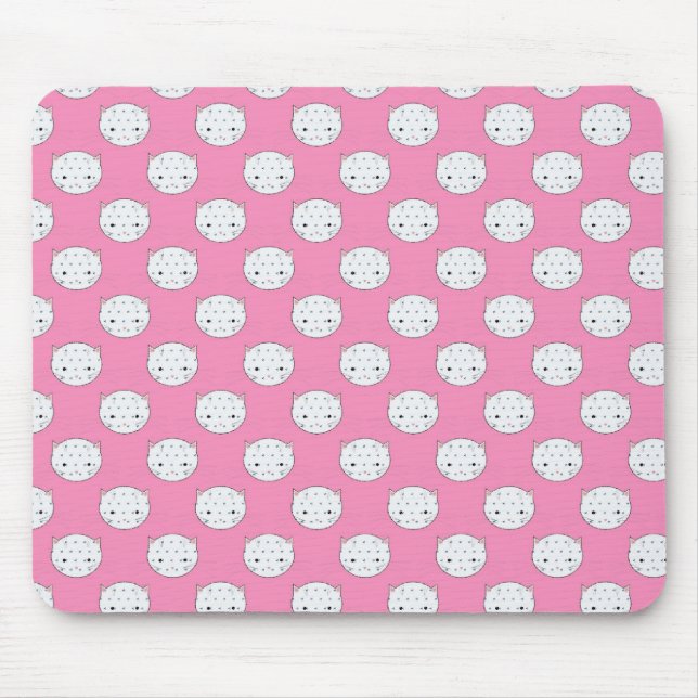 Mousepad Gatinho de Bolinhas Rosa e Branco Padrão de Rosto  (Frente)