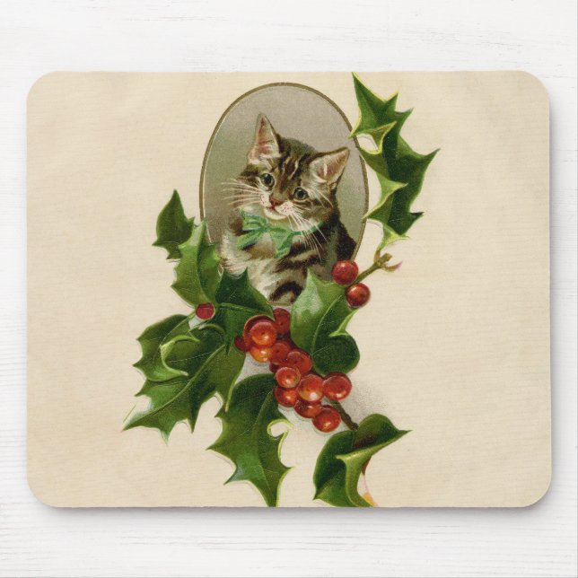 Mousepad Gatinho de Natal Vitoriano em Tabby Antigo com Aze (Frente)