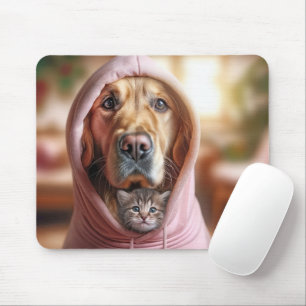 Mousepad Gatinho e Retriever Dourado em um Capuz Rosa