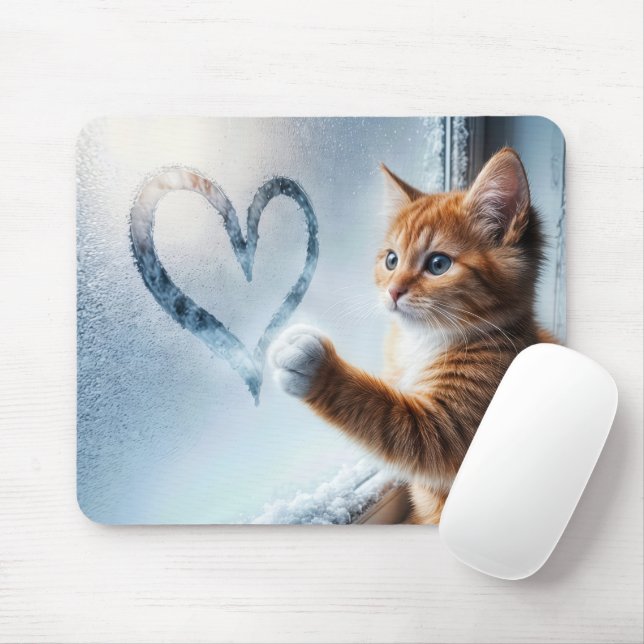 Mousepad Gatinho Ginger Com Coração De Janela Congelada (Com mouse)