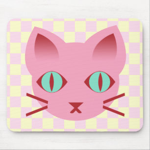 Mousepad Gatinho Kawaii de Anime Rosa e Amarelo Xadrez