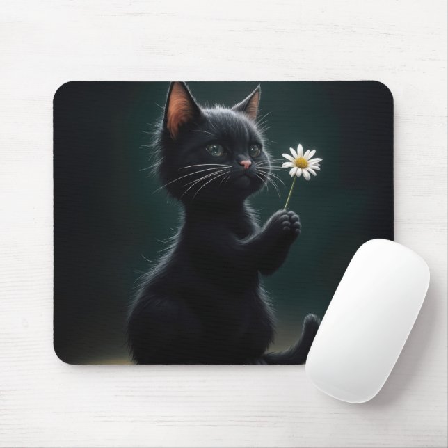 Mousepad Gatinho Negro com margarida branca (Com mouse)