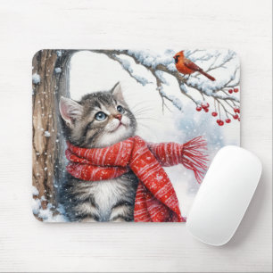 Mousepad Gatinho Observando Cardeal Em Flocos De Neve