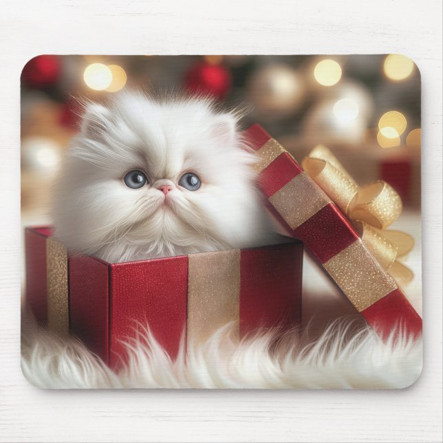 Mousepad Gatinho Persa de Natal em uma caixa de presentes (Frente)