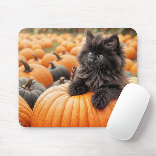 Mousepad Gatinho Preto de Halloween em uma Abóbora (Com mouse)
