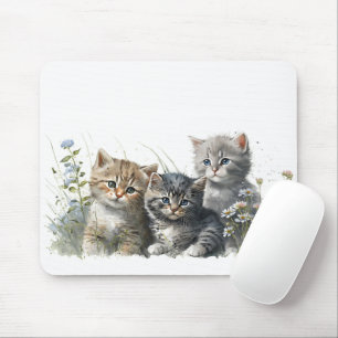 Mousepad Gatinhos de aquarela em flores silvestres