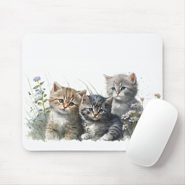 Mousepad Gatinhos de aquarela em flores silvestres (Com mouse)