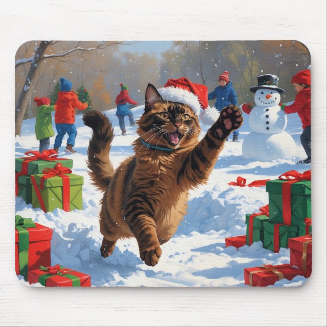 Mousepad Gato Abissínio Cena de Natal Festiva Neve (Frente)