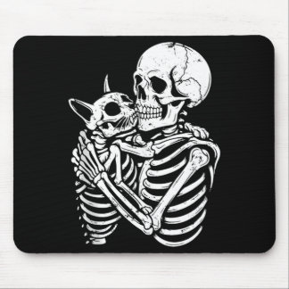 Mousepad Gato Abraçando Esqueleto Halloween Gato Engraçado 