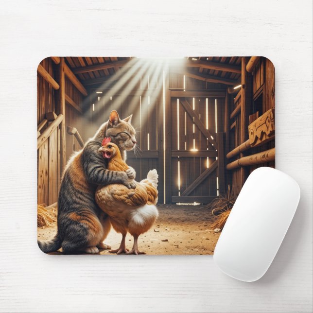Mousepad Gato abraçando um frango Fazenda (Com mouse)