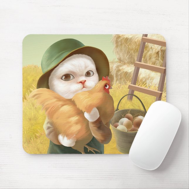 Mousepad Gato Adorável com Hen na Fazenda (Com mouse)